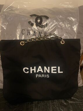 CHANEL Black Canvas Tote with Gold Chain Handles
